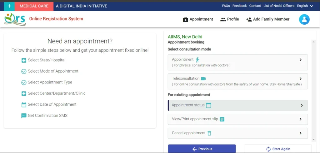 AIIMS Delhi Online Appointment 